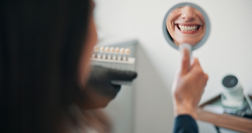 Happy,Woman,,Mirror,Or,Patient,In,Dental,Clinic,For,Crown