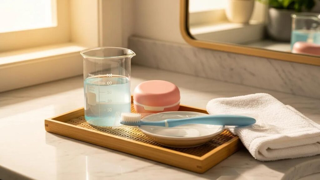 denture-cleaning-supplies-on-a-bathroom-counter-emphasizing-long-term-care-and-maintenance-for-dentures